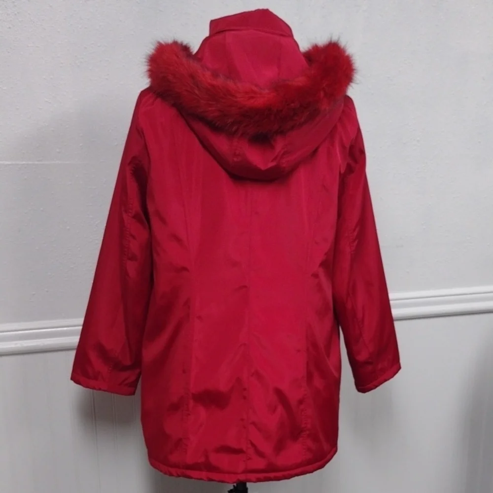Dennis Basso Red Hooded Puffer Coat with Fur Trim - Picture 7 of 16